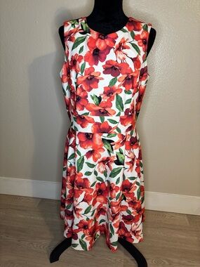Calvin Klein White and Red Floral Midi Dress Size 12